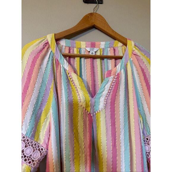 Crown & Ivy Womens XL Bell Sleeve Shirt Dress Pastel Rainbow Stripe Boho Crochet - Picture 8 of 10